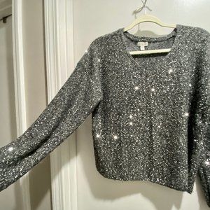 (5) Garnet Hill Christmas Holiday Grey Boxy Sequins Alpaca Wool Blend Sweater M